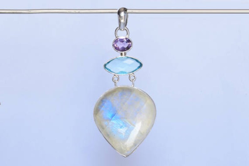 FSJ-1222 Blue Quartz Handmade 925 Solid Sterling Silver Designer Jewellery Amethyst Genuine Blue Flashy Fire Rainbow Moonstone Pendant