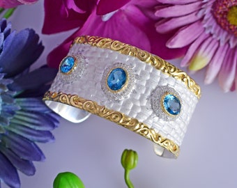 Natural Blue Topaz Bracelet White Cuff Bangle Textured Sterling 925 Silver Jewelry Artisan Gold Plated Jewellery Bridal Women Gift Wedding