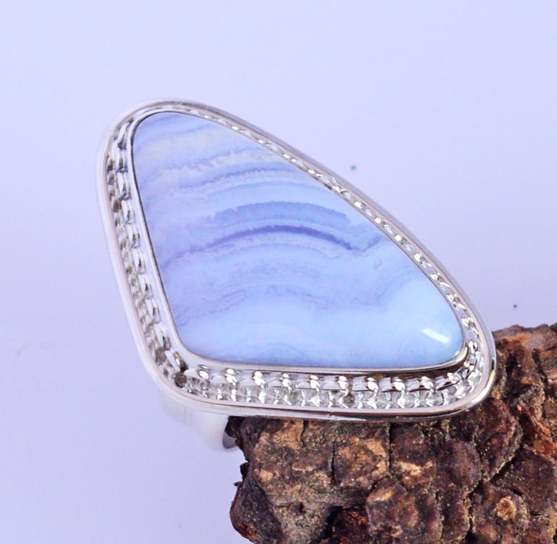 Natural Blue Lace Agate Ring 925 Sterling Silver Lace Agate Ring, Blue Lace Agate Engagement Ring Women Rings, Blue Agate Gemstone Ring image 2