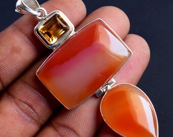 Pear Carnelian Gemstone Rectangle Emerald Cut Citrine 925 Sterling Silver Three Stone Pendant For Necklace Handmade Jewelry Gift For Easter