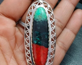 Huge Natural Sonora Jasper Pendant For Necklace, 925 Sterling Silver Fine Jewelry, Red Cuprite, Green Chrysocolla, Sonoran Sunrise, Handmade