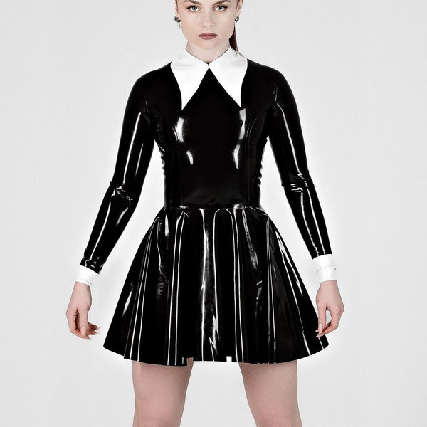 Latex Skater Dress for Women, Cosplay Costume, Wednesday outfit, Longsleeve Latex Dress, Shiny Latex, Wet Look Dress