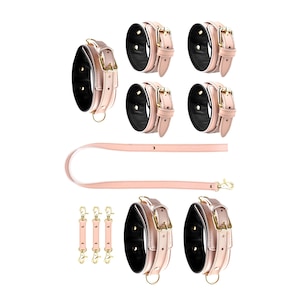 Pink Leather Bondage Set, 4 In 1 Harness Kit, Submissive Gear for Women, Collar & Leash, Wrist Ankle Thigh Cuffs, Leather Lingerie Restraint