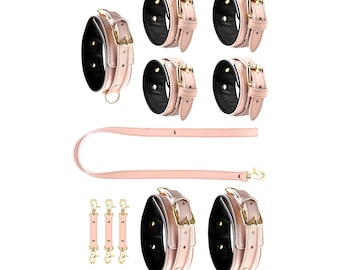 Pink Leather Bondage Set, 4 In 1 Harness Kit, Submissive Gear for Women, Collar & Leash, Wrist Ankle Thigh Cuffs, Leather Lingerie Restraint