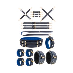 Dark Blue Bondage Set 7 In 1, Full Body Leather Harness Kit, Submissive Cuffs, Collar With Leash, Thigh Cuffs, Leather Belt, Hog-Tie