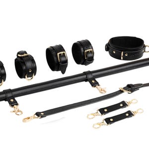 5-Point Leather Spreader Bar Set – Full Body Bondage Kit with Cuffs & Collar – Adjustable Restraint Bar for Couples
