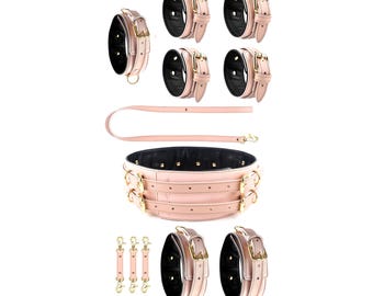 Ensemble de bondage en cuir rose, kit de retenue 5 en 1, collier, laisse, poignets, chevilles, cuisses, ceinture en cuir, intérieur souple, accessoires argentés ou dorés.