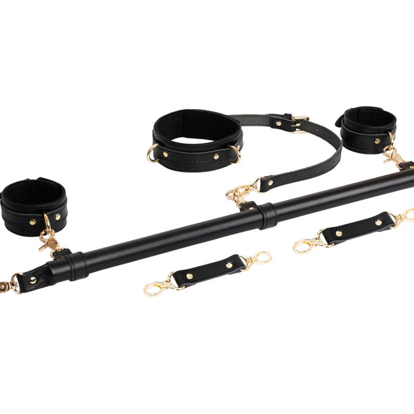 5 point BDSM Leather Spreader Bar with cuff hooks, legs spreader bar restraint, full body bdsm bondage for 5 connectors, bdsm toys