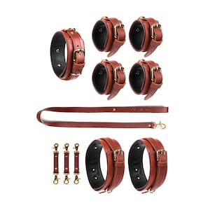 Brown Leather Bondage Set 4 In 1, Submissive Gear With Collar, Leash, Wrist, Ankle And Thigh Cuffs, Soft Interior Harness