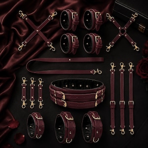 Bourgondische leren bondageset, volledige BDSM-set, halsband met riem, pols- en enkelboeien, dijboeien, harnasriem, hogtie-connector
