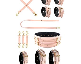 Pink Leather Bondage Harness Set, 6 In 1 Restraint Kit With Collar, Wrist Cuffs, Ankle Cuffs, Thigh Cuffs, Belt, Leash, Hogtie Set