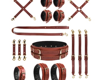 Ensemble de bondage en cuir marron 7 en 1, kit de contention complet avec collier, menottes, ceinture, hogtie, équipement BDSM pour femmes, entraves pour cuisses et chevilles