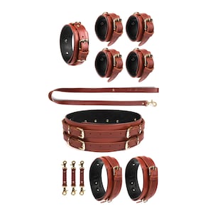 Brown Bondage Set 5 In 1, Leather Harness With Collar, Cuffs, Thigh Straps, Belt, Submissive Gear, Hog-Tie Accessory
