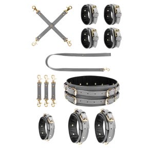 Gray Leather Bondage Set, 6 In 1 Harness Kit, Collar And Leash, Wrist Ankle & Thigh Cuffs, Leather Belt, Cross Connector, Submissive Gear