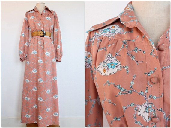 70's Vintage Prairie Dress | Peach Floral Maxi Dre