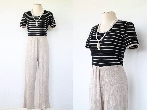 80's Linen Jumpsuit | Vintage Striped Jumpsuit | S