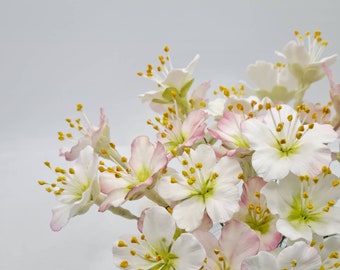 Cherry blossom hair sticks for bridal hairstyles, flowers modeled by hand in self-hardening paste, lightweight.