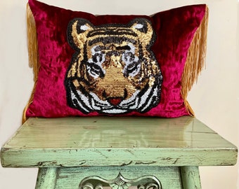Pink velvet tiger sequin appliqué/ embroidered lumbar cushion with fringe.