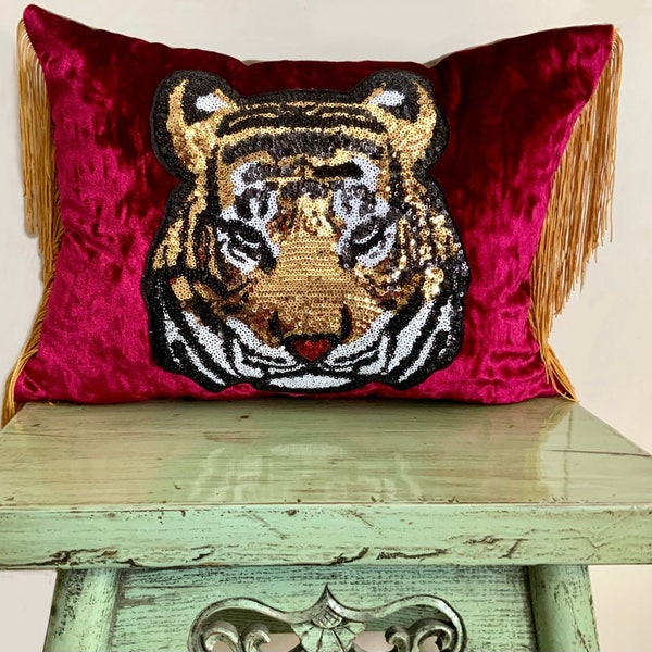 Pink velvet tiger sequin appliqué/ embroidered lumbar cushion with fringe, zipper and cushion pad included. Studio 54 vibe. UK made.