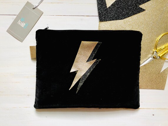 Black Velvet Makeup Bag clutch With Rose Gold gold Faux Leather