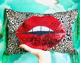 Leopard print, sequin appliqué/ lips lumbar cushion with cushion pad. Made in the UK.