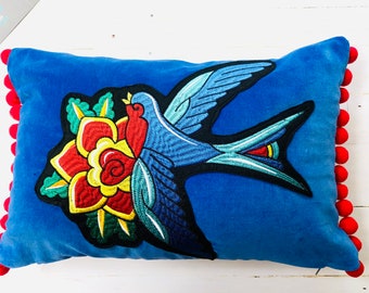 Royal Blue velvet bluebird appliqued lumbar cushion with red pom-pom.Reversible. Tattoo style. Cushion pad included.