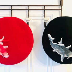 Red/ black appliquéd, embroidered fish, Japanese carp beret, pin-up style, wool, tattoo artist gift, ships from UK. Mother’s Day gift.