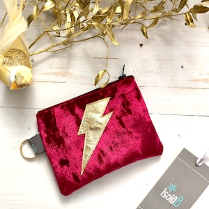 Coin/card purse in pink, mink or dark blue velvet with key chain and gold leather lightning bolt.