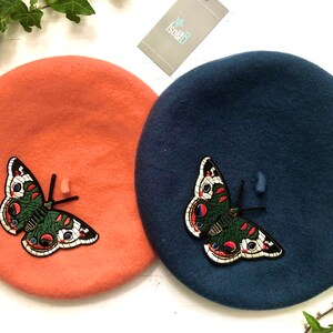Rust orange/ petrol blue appliquéd, embroidered butterfly beret, pin-up style, wool, tattoo artist gift, made in the UK. 50s Style.