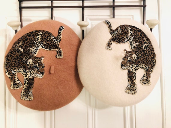 Camel/cream Black Appliquéd/ Embroidered Leopard Beret, Pin-up