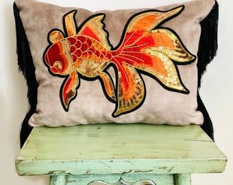 Mink velvet fish, koi carp, sequin appliqué/ embroidered lumbar cushion with black fringe, zipper and cushion pad included. Made in the UK.