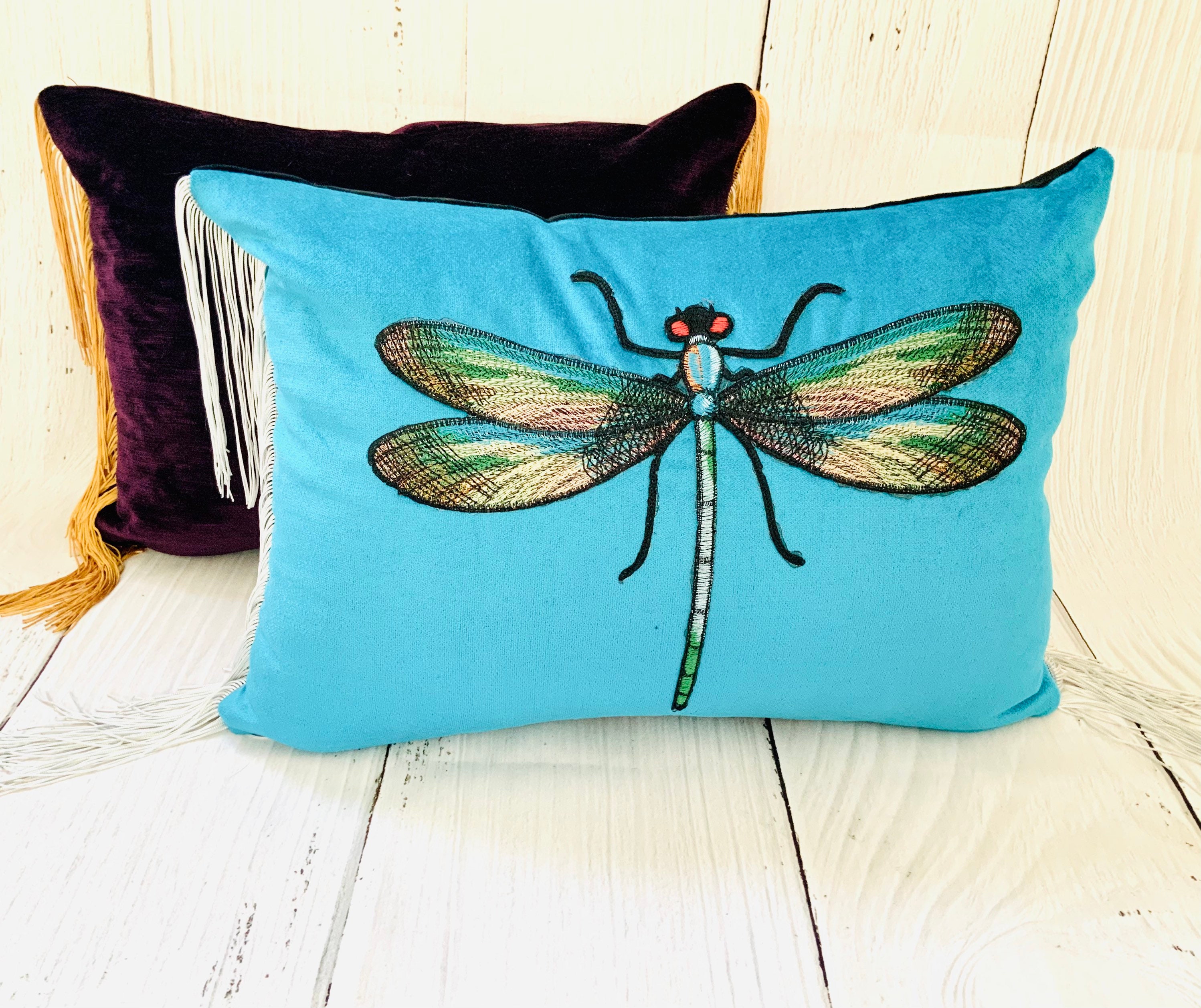 Turquoise Velvet Appliquéd/embroidered Dragonfly Lumbar Etsy UK