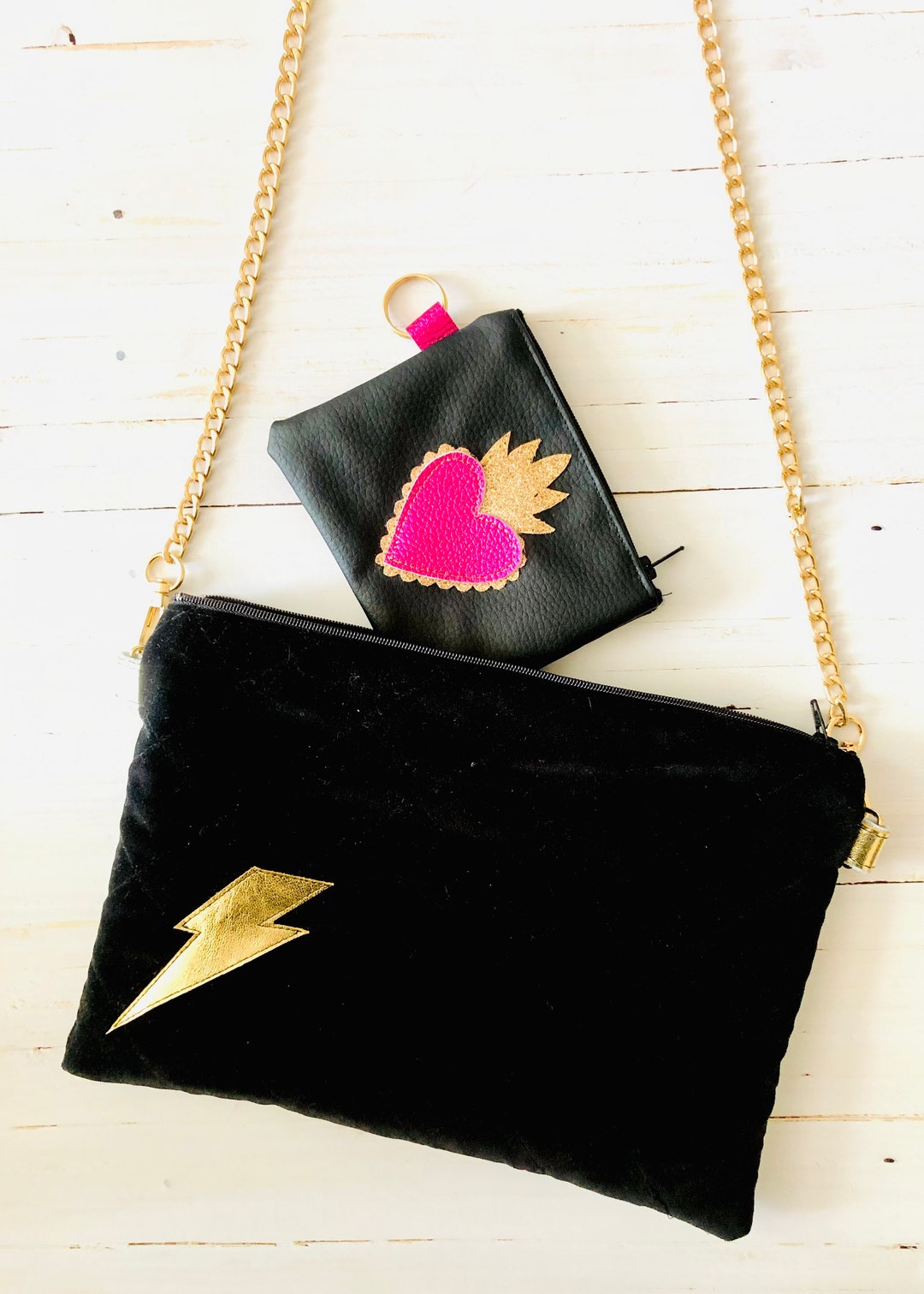 Quilted Black Velvet Crossbody Bag With Gold Leather Lightning Bolt