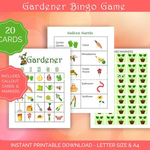 Jeu de bingo imprimable sur le thème du jardinier - Comprend des cartes de jeu, des cartes de visite et des marqueurs PDF à téléchargement immédiat