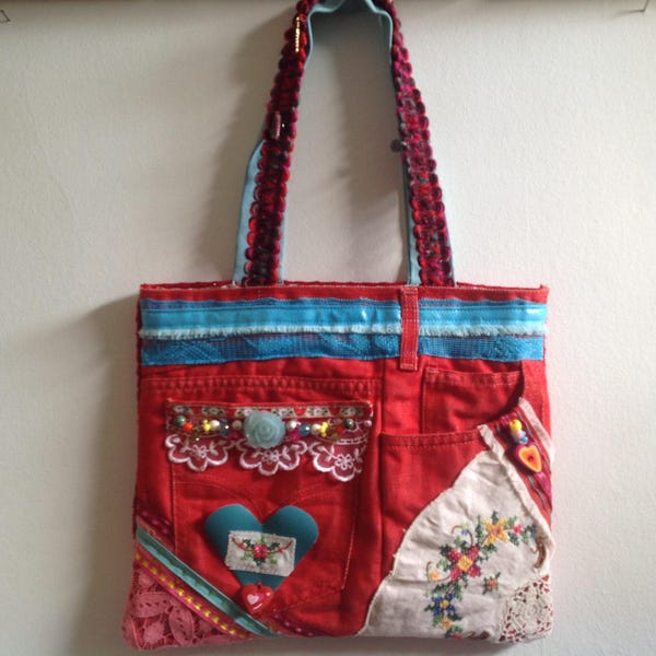 Brodé Turquoise Rouge Denim Jean Festival Boho vintage Perle Dentelle Ruban Coeur Applique Fille Cadeau Sac à Bandoulière