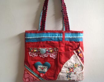 Embroidered Turquoise Red Denim Jean Festival Boho Vintage Beaded Lace Ribbon Heart Applique Girl Gift Shoulder Bag