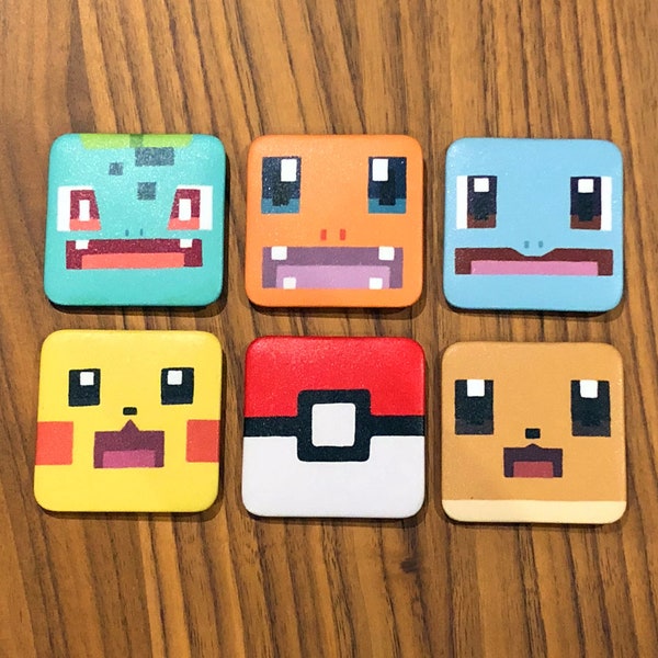 Pokemon Quest Square Badges Pins Set (Pikachu, Eevee, Charmander, Bulbasaur, Squirtle, Pokeball) Shiny Pokemon