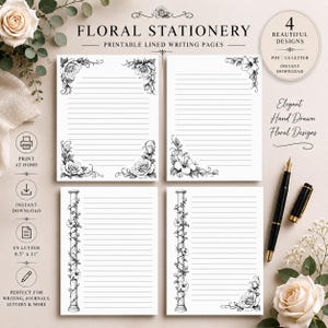 Digitalt brevpapper med blommotiv - Linjerade och tomma sidor för brevskrivning, dagbok och anteckningar
