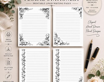 Floral Printable Digital Stationery Set - Lined & Blank Pages for Letter Writing, Journaling and Notes