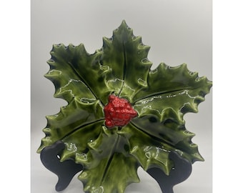 Vintage Hand Painted Ceramicn Holly Berry Dish CHRISTMAS Lg 13" Platter Relish