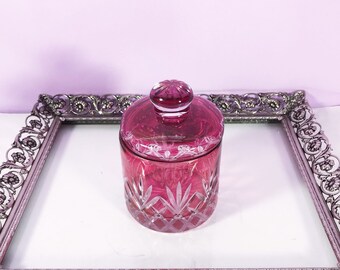 Vintage tiffin glass cut cranberry pink small jar, vintage glass cut pink jar,cranberry glass,glass cut pink jar, cranberry pink jar,