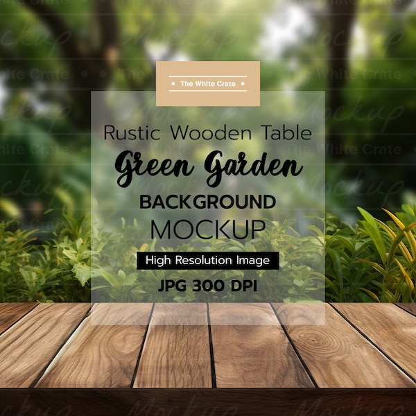 Rustic Wooden Table with Green Garden Background - Brown Wood Table Green Garden Background - Outdoor Background Mockup - Product Background