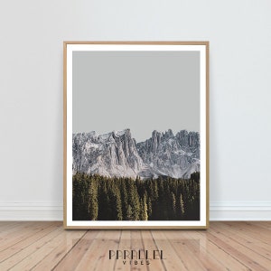Nordic forest and mountain peaks over grey sky, mountain peaks, landscape photography, Scandinavian Print, Minimalist landscape, wanderlust