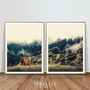 Two piece highland Bull Print,Woodland Fog,Set of 2 Landscape Prints,Two Piece Forest Print,Mist,Misty Forest Print ,Cows Art Print,Animal