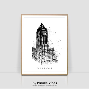 Könnte beinhalten: Schwarz-weiß-Illustration eines hohen Gebäudes mit dem Wort "DETROIT" darunter. Das Gebäude besteht aus kleinen Quadraten und Rechtecken, was ihm ein pixeliertes Aussehen verleiht.