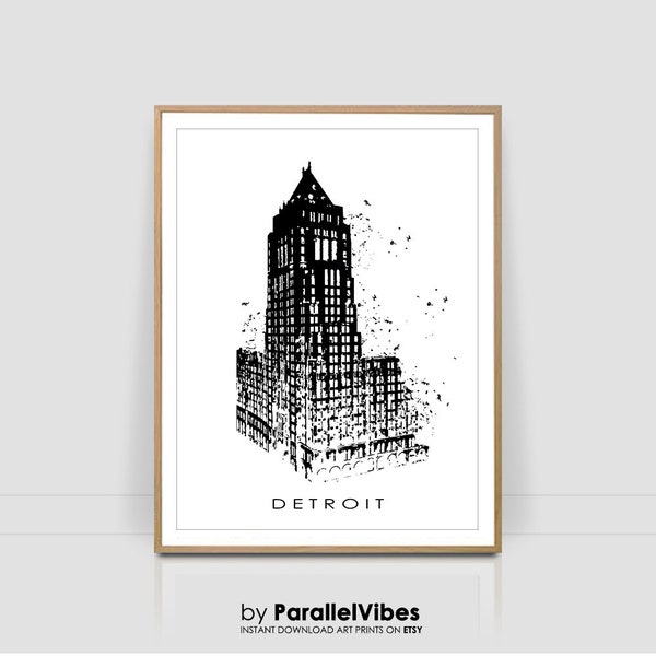 Detroit poster, black and white wall art, Fisher building print, travel poster, modern art, city print, home decor, gift,famous building,