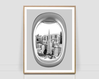 San Francisco seen from airplane window, famous place poster, city print, set of prints, architecture, USA, Travel, city,black and white