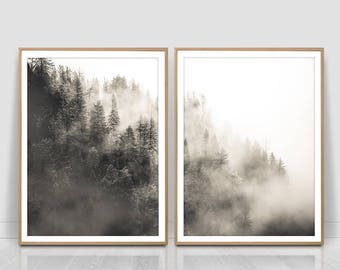 Misty Forest Photography, Forest Print, Scandinavian Print, Foggy Forest, Minimalist set of two, Nature Wilderness,Instant Download,