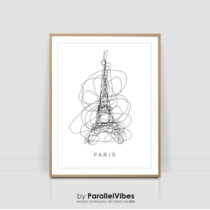 Könnte beinhalten: Eine Schwarzweiß-Linienzeichnung des Eiffelturms mit dem Wort "PARIS" darunter. Die Zeichnung ist in einem einfachen, minimalistischen Stil gehalten.