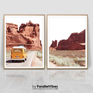 Camper Van Print, set of two prints,  Desert Print, Canyon Print, Travel Poster, Boho Wall Art Prints, Hipster Large Poster, Wall Art